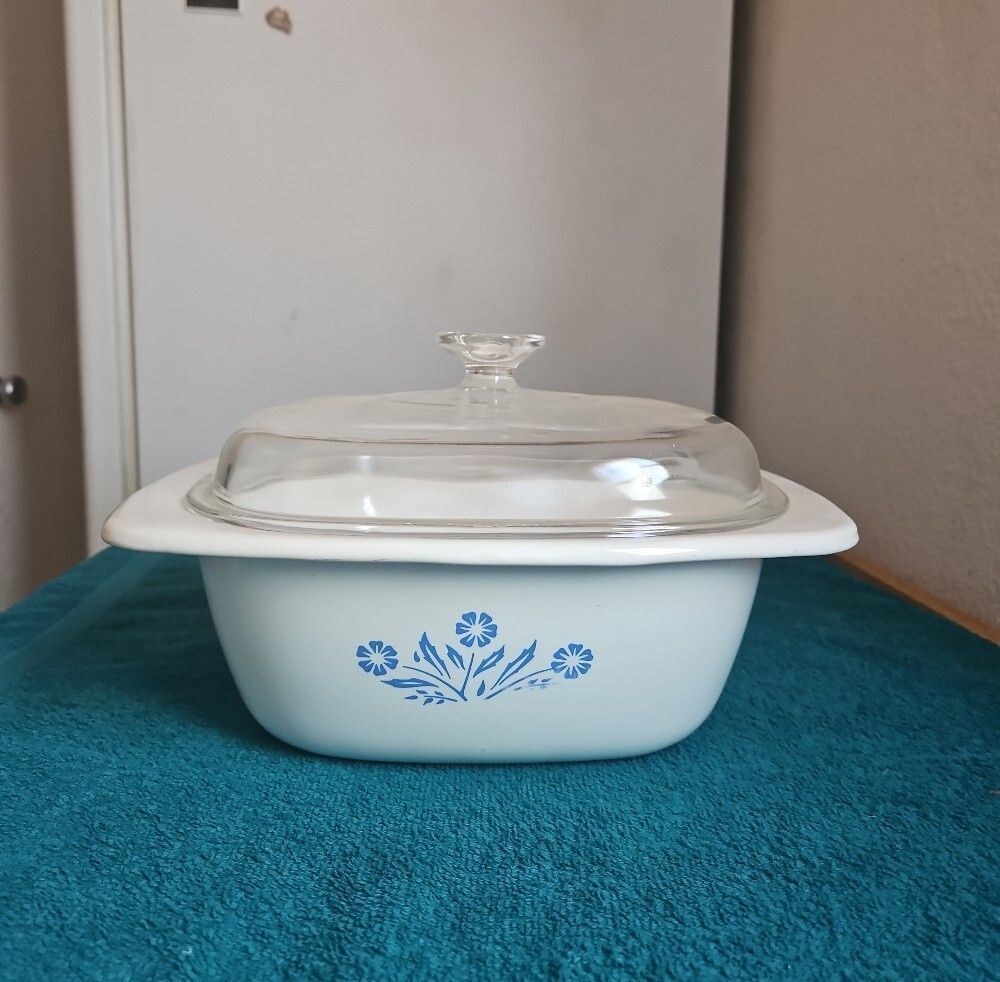 Corningware Casserole with Blue Cornflower Pattern and Glass Lid Vintage
